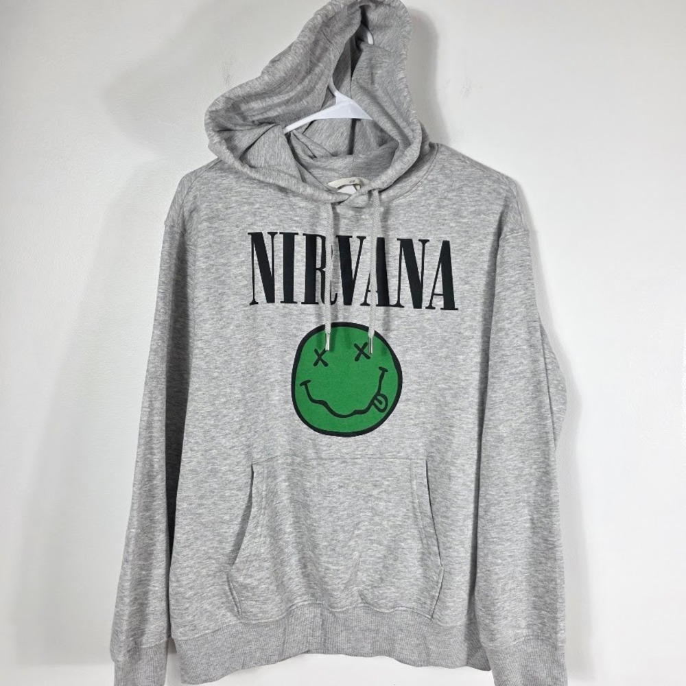 H&M Nirvana Smiley Face Hoodie Grey Pullover Long Sleeve Women XS